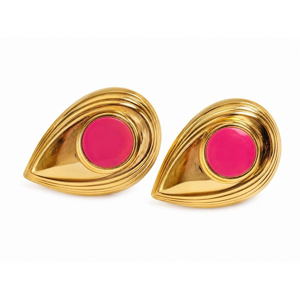 Vintage 1980s Gold Tone Pink Enamel Paisley Teardrop Stud Earrings Abstract